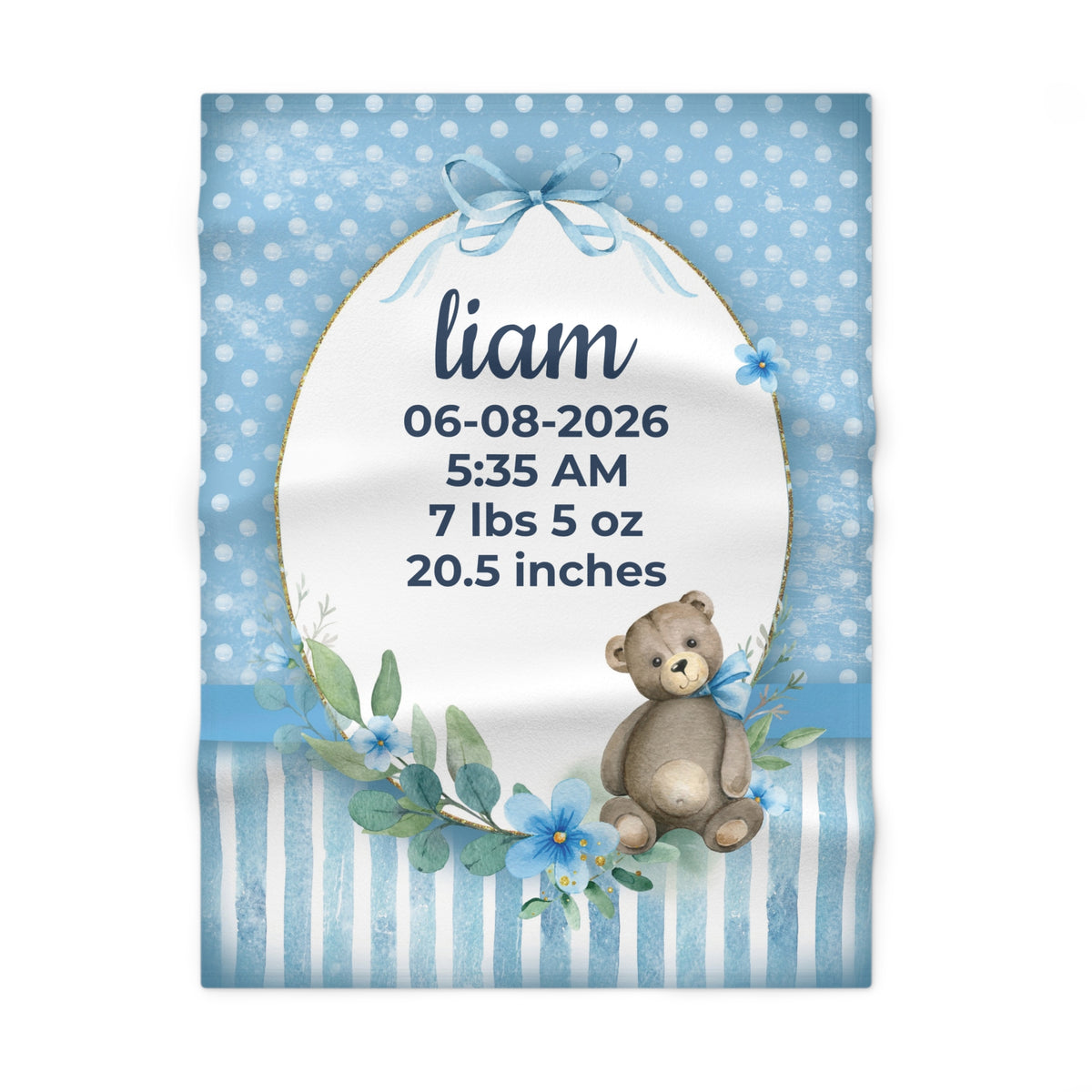 Personalized Birth Stats blue teddy bear fleece baby blanket with name and birth date