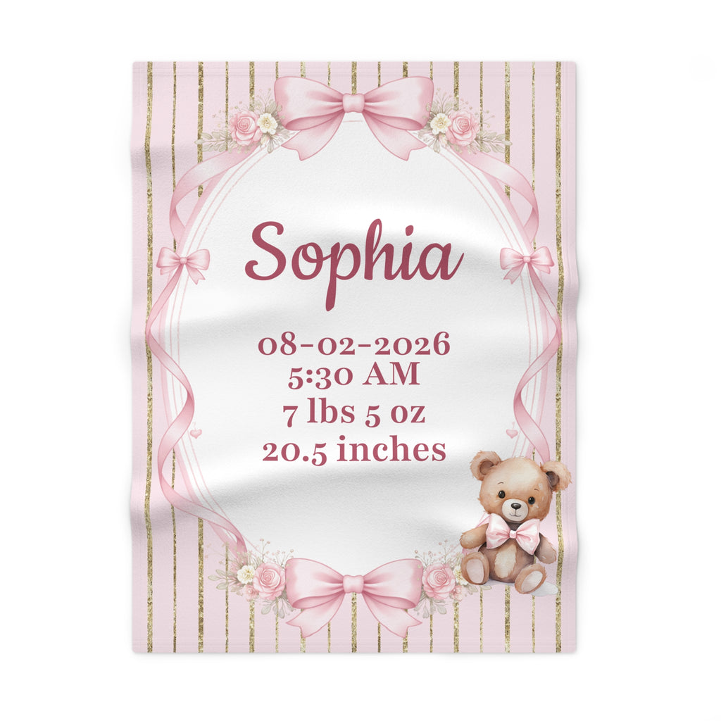 Personalized Birth Stats pink and gold fleece baby blanket with name and birth date