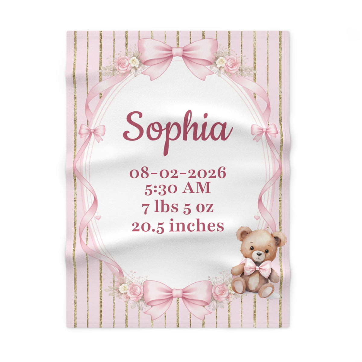 Personalized Birth Stats pink and gold fleece baby blanket with name and birth date