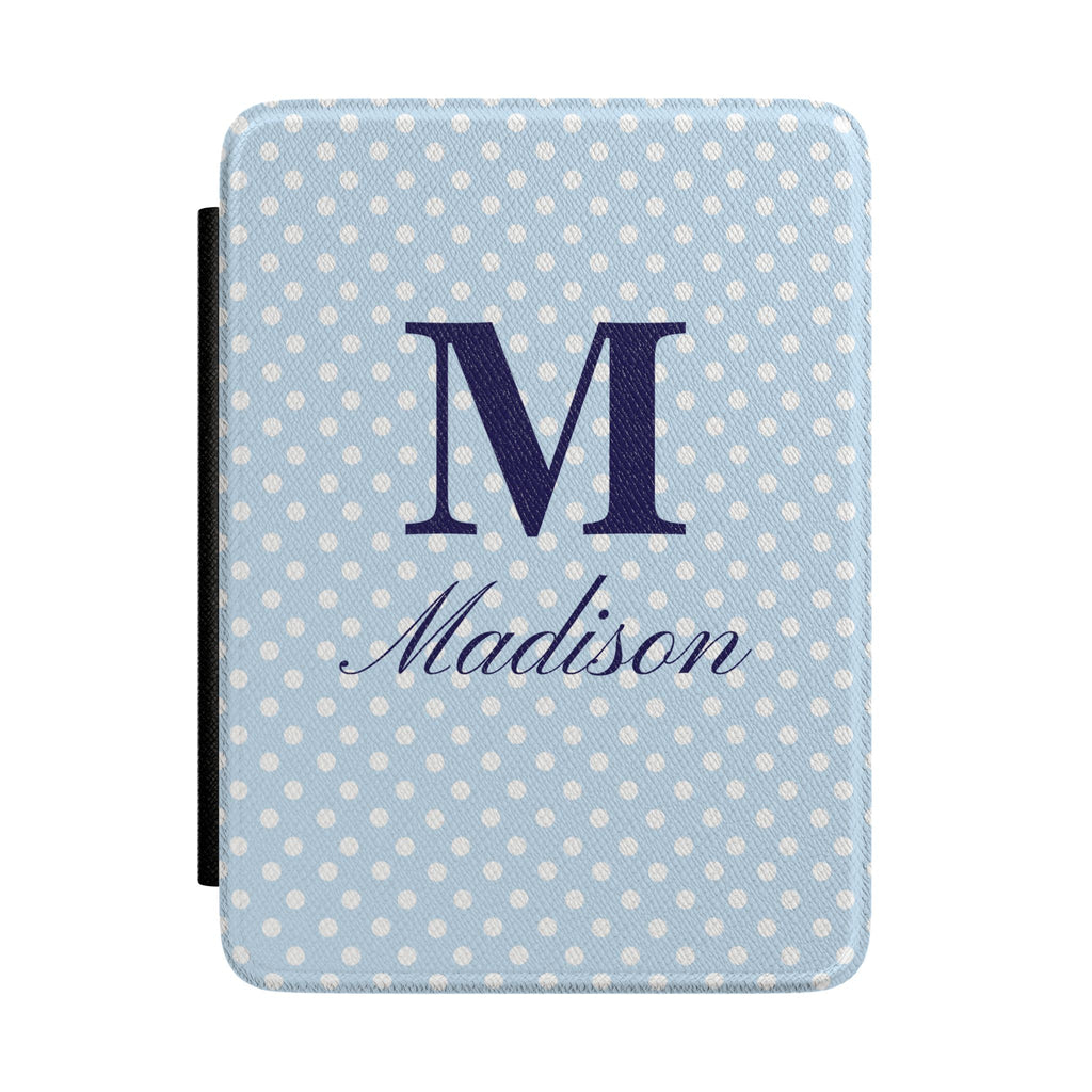 Personalized blue mini polka dot Kindle case with monogram initial and name