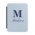 Personalized blue mini polka dot Kindle case with monogram initial and name