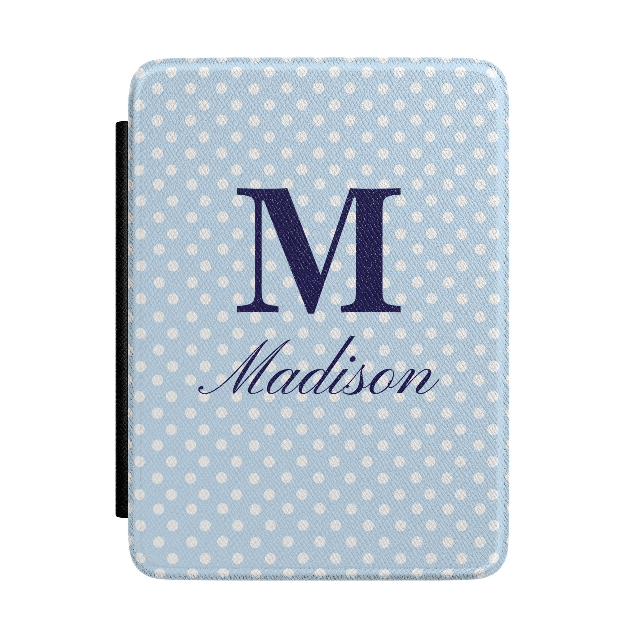 Personalized blue mini polka dot Kindle case with monogram initial and name