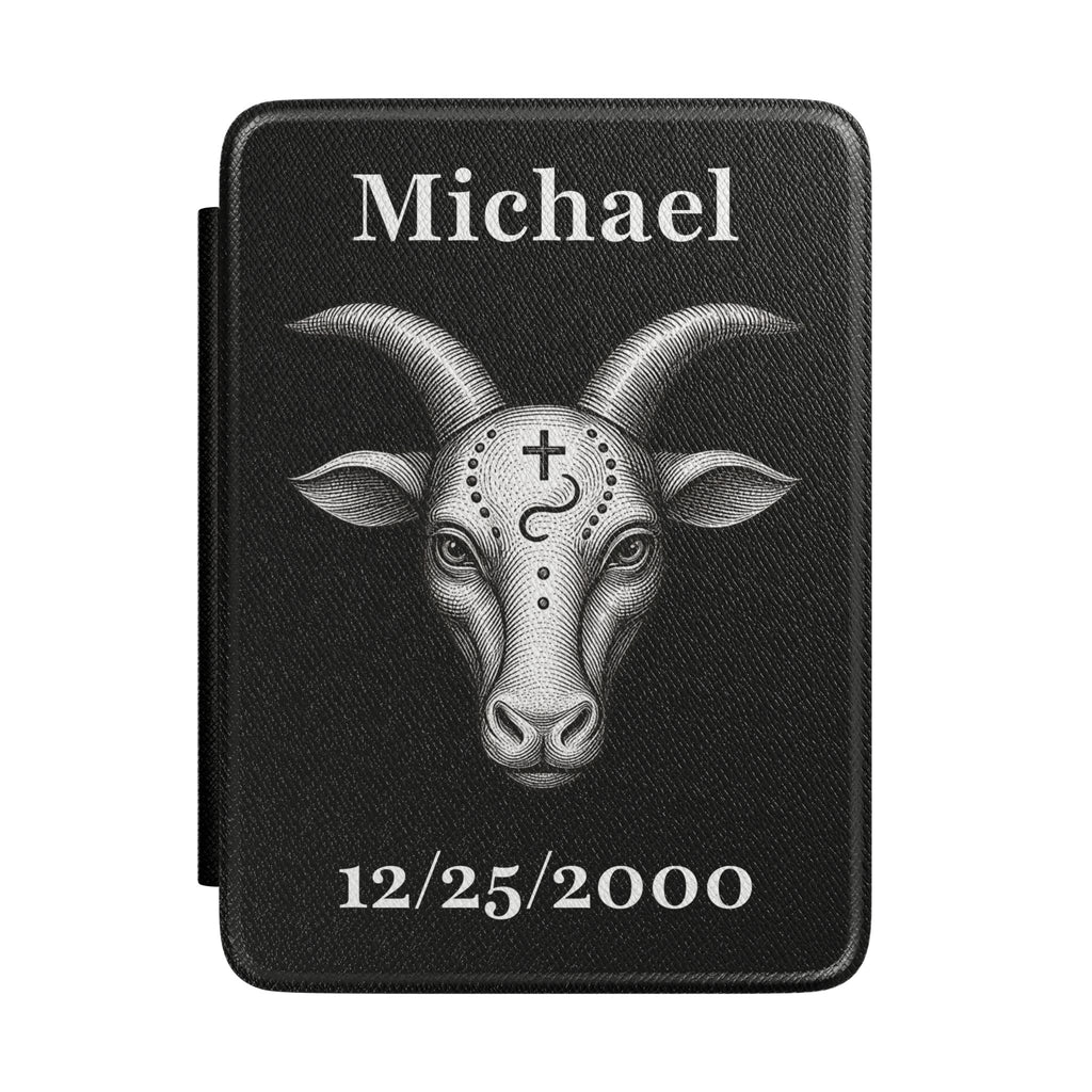 Personalized Capricorn zodiac Kindle case with engraved goat design, name and birth date