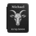 Personalized Capricorn zodiac Kindle case with engraved goat design, name and birth date