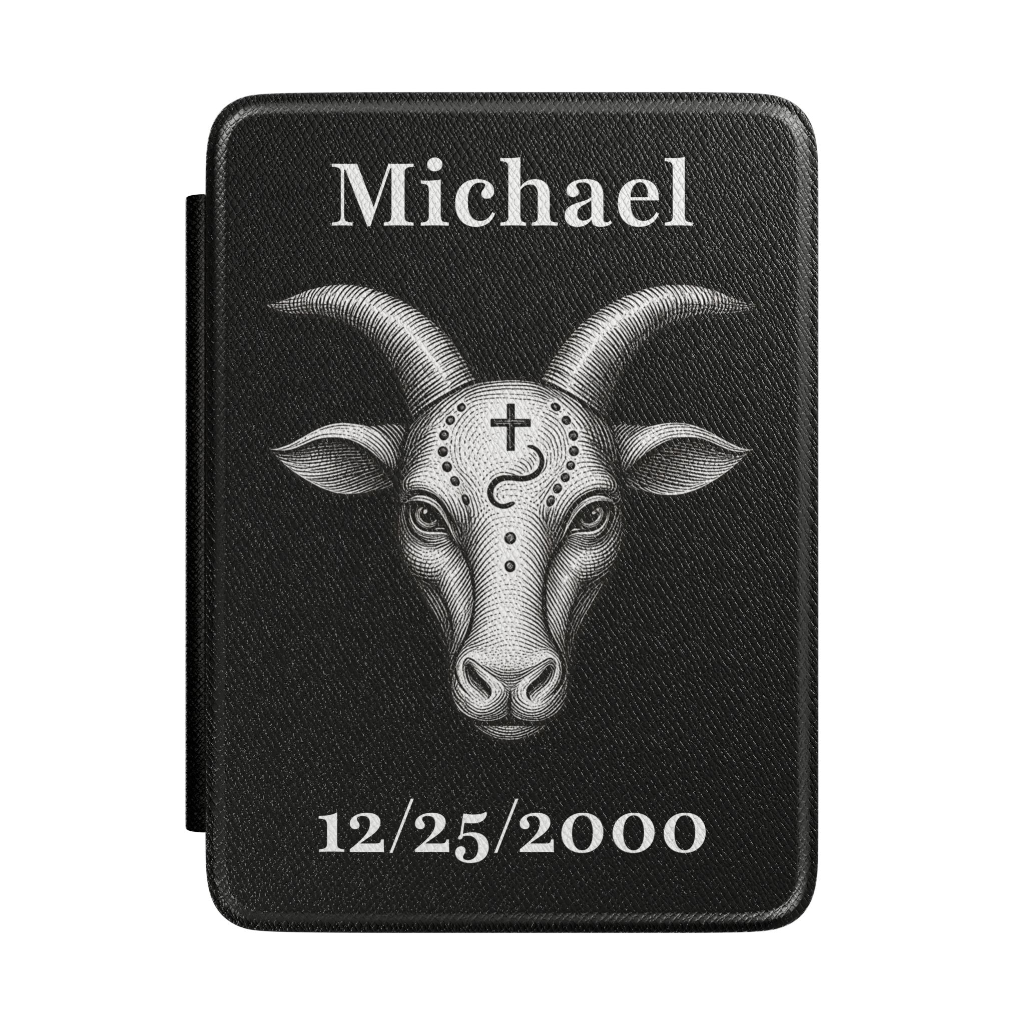 Personalized Capricorn zodiac Kindle case with engraved goat design, name and birth date