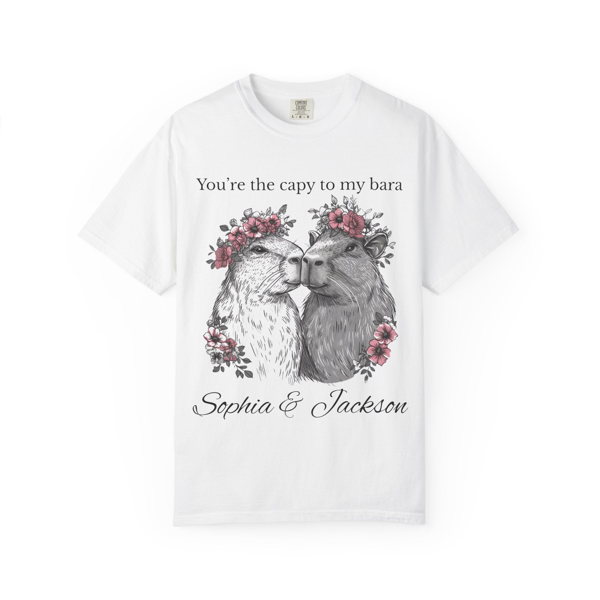 Matching capybara couple t-shirt flat lay with custom names