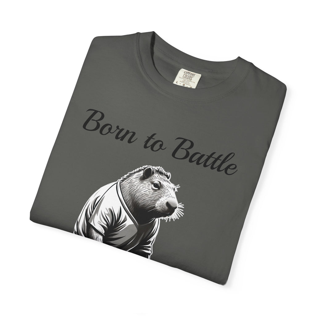 Born to Battle hockey capybara t-shirt flat lay with custom name