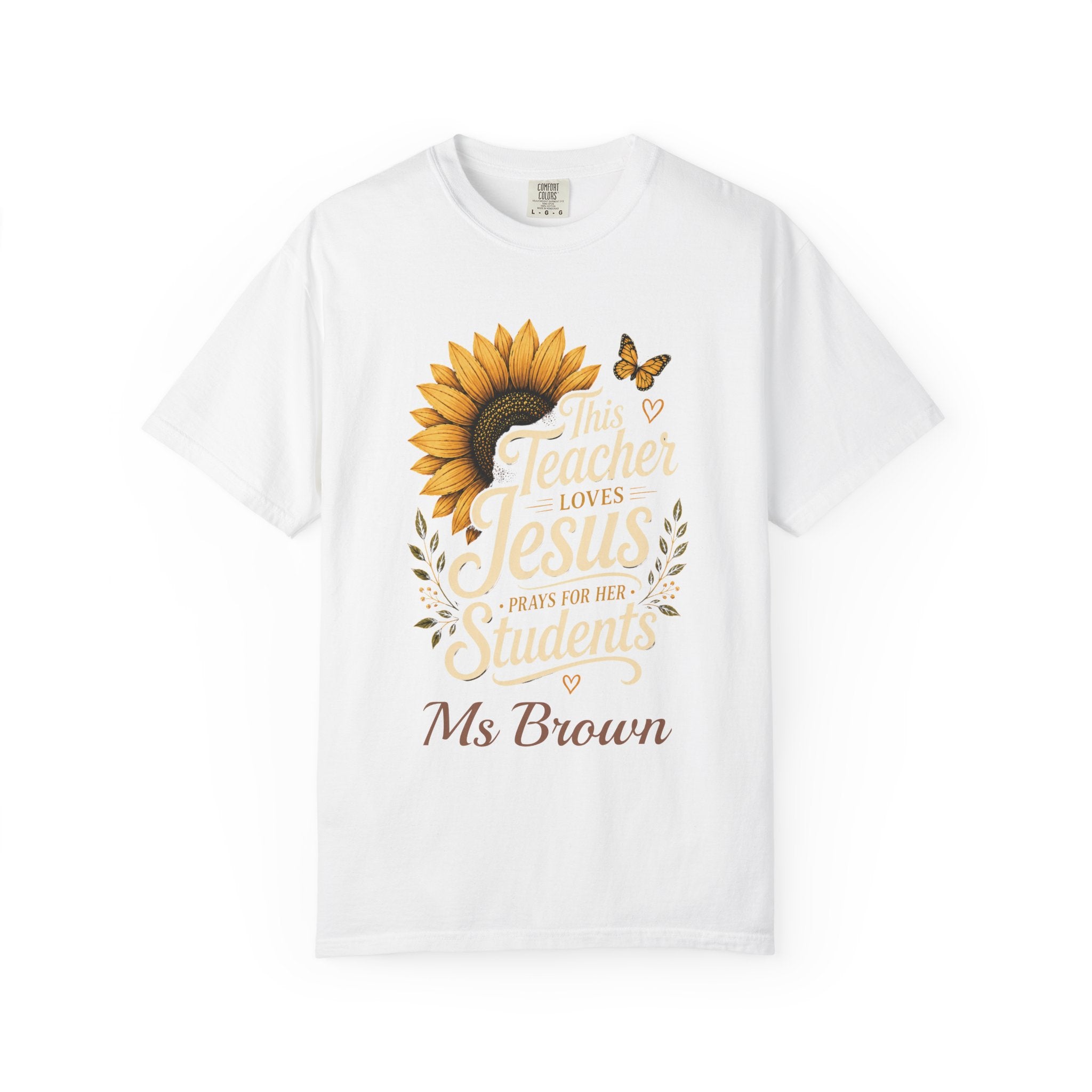 Personalized Christian teacher t-shirt with sunflower and butterfly design