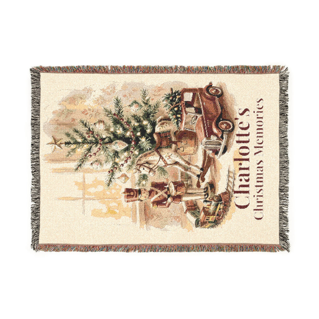 Personalized Christmas Memories woven throw blanket with vintage truck design and name