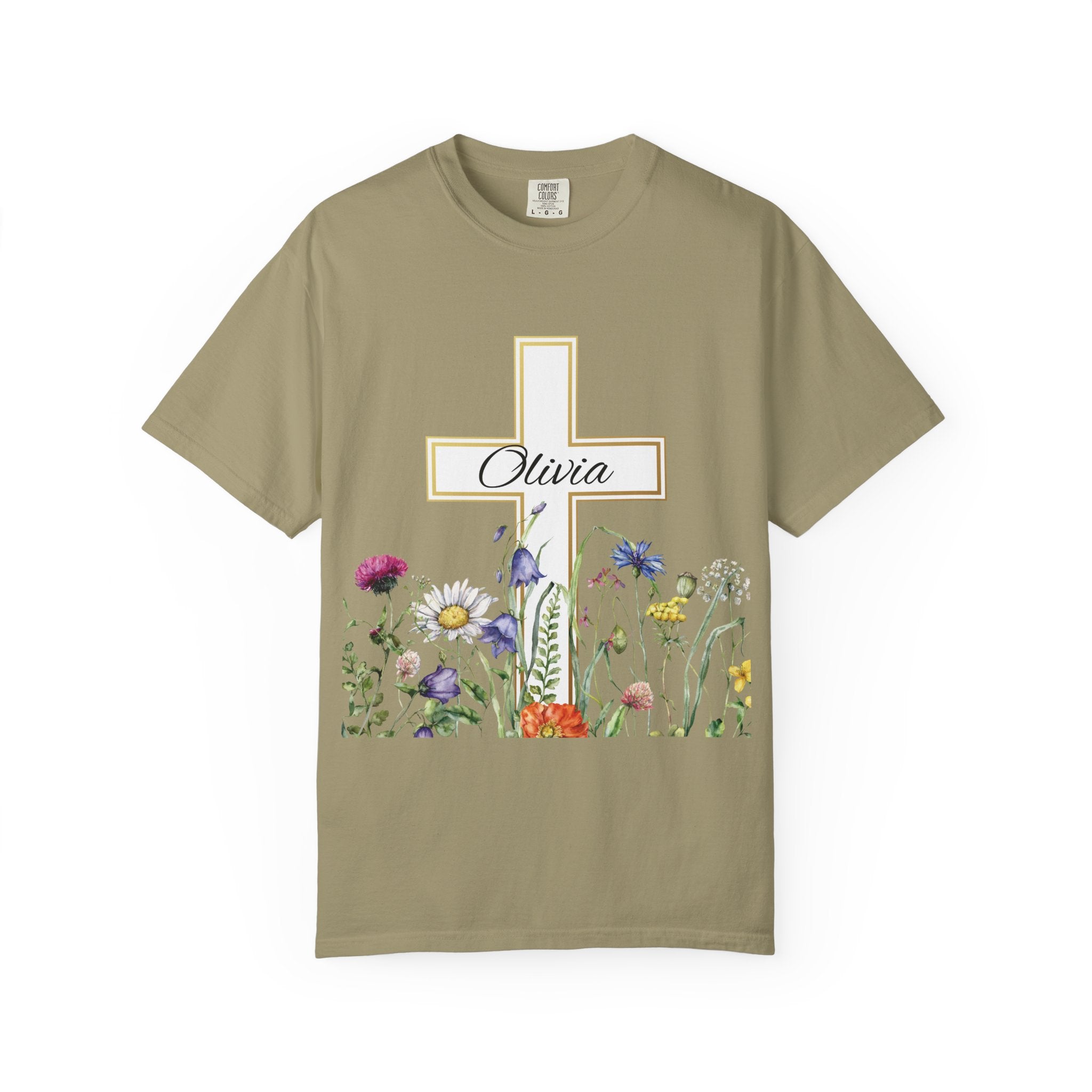 Christening cross t-shirt flat lay with custom name
