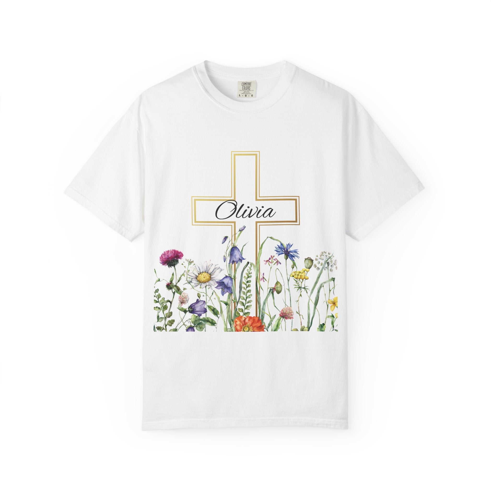 Personalized cross t-shirt with wildflowers and custom name