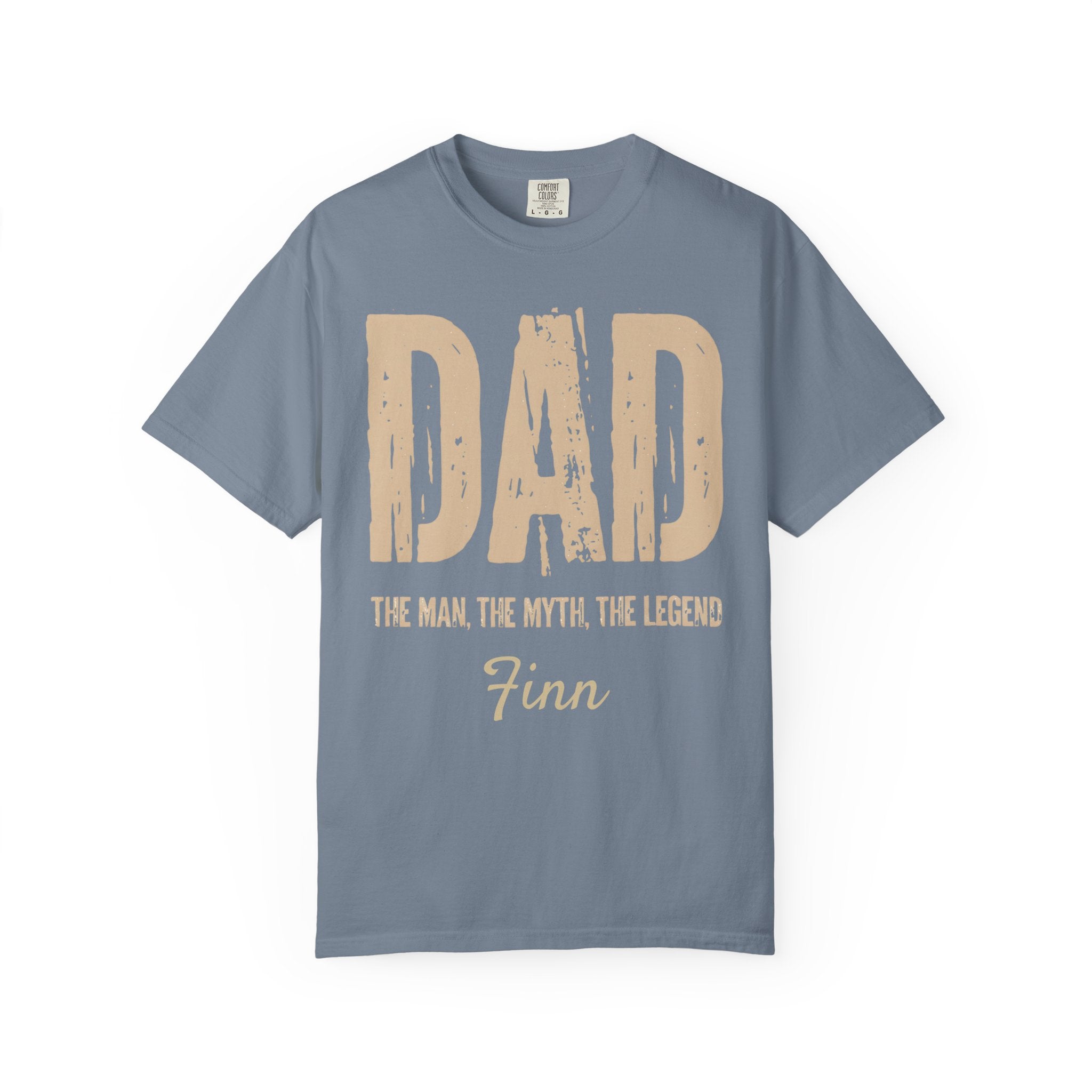 Close-up of distressed DAD graphic with custom name on t-shirt