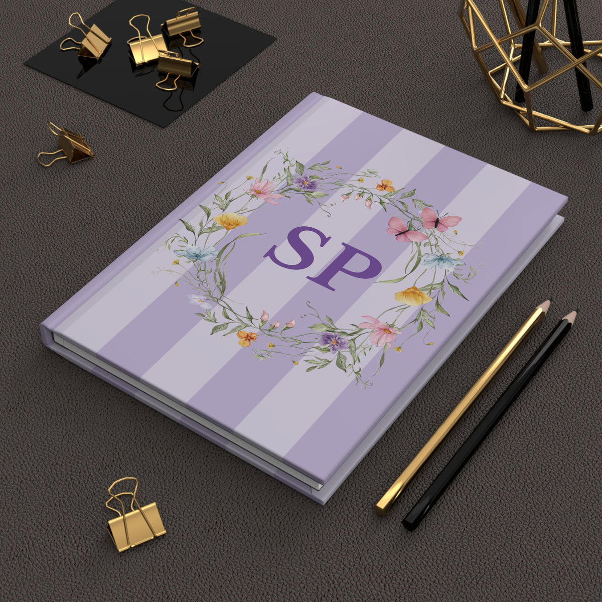 Floral wreath monogram journal lilac close-up of design