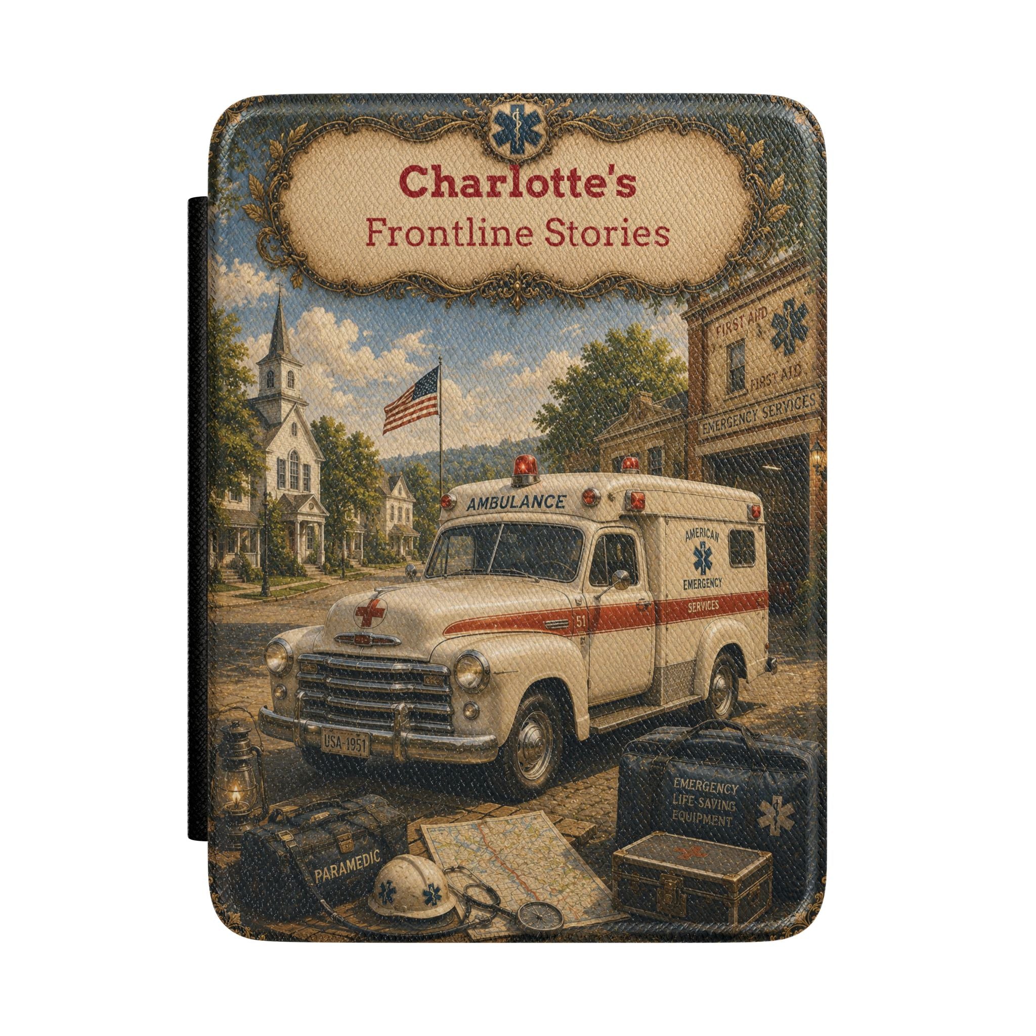 Personalized vintage Frontline Stories ambulance Kindle case with name