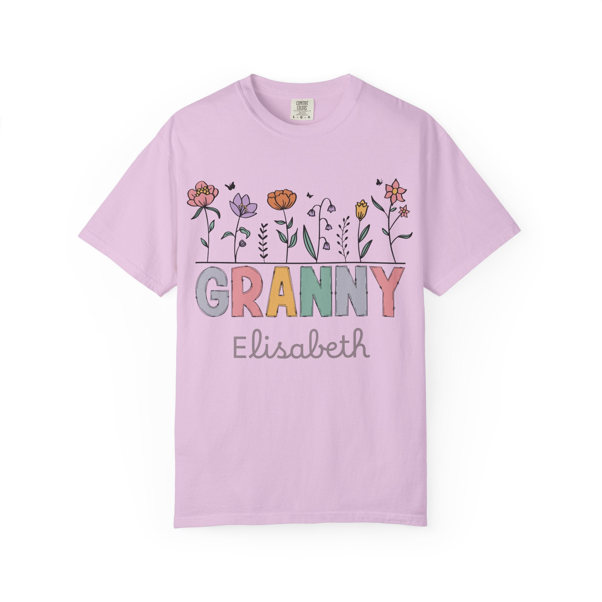 Close-up of wildflower artwork on Granny t-shirt