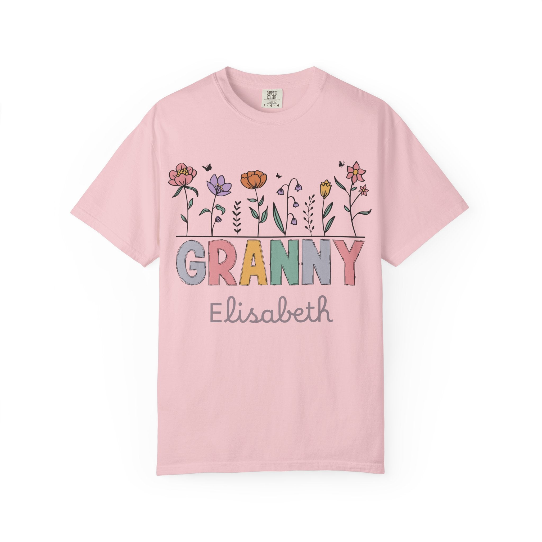 Granny t-shirt flat lay with custom name