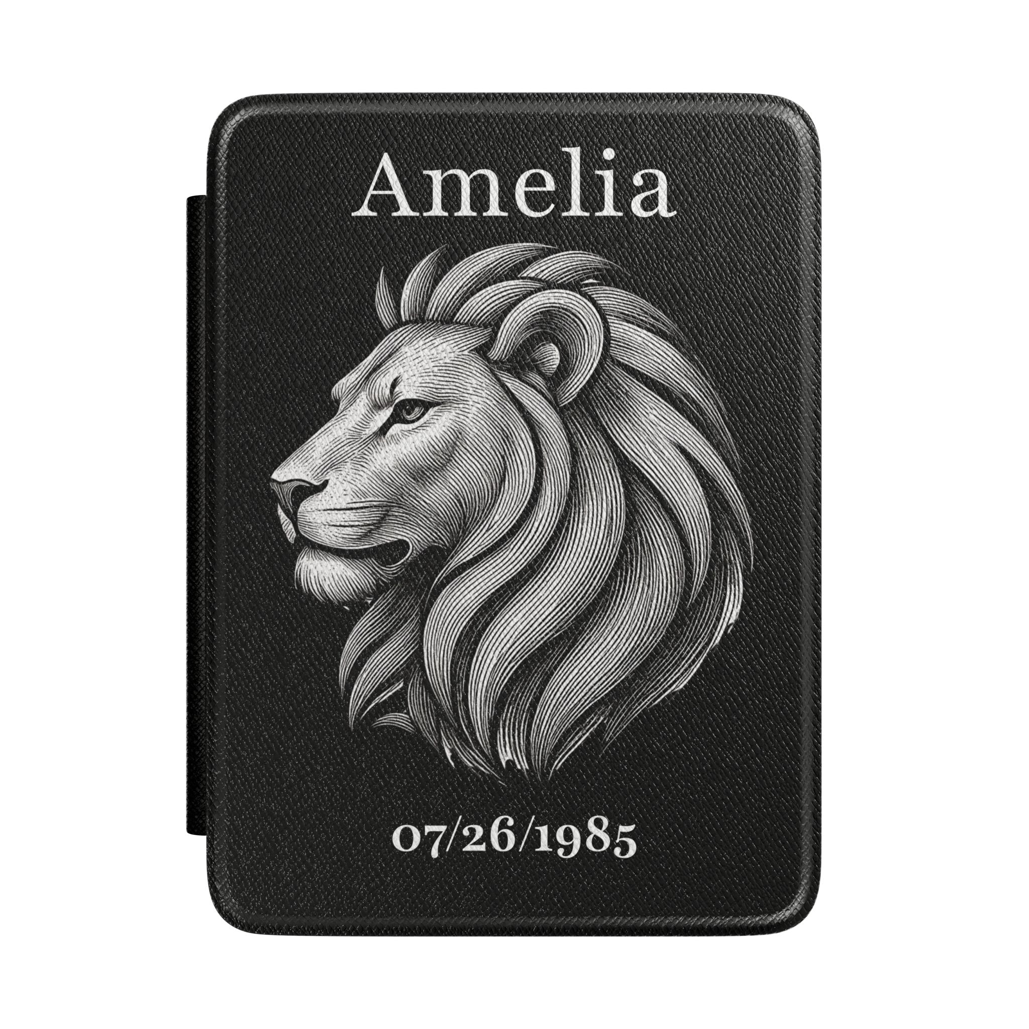 Personalized Leo zodiac Kindle case with constellation design, name and birth date