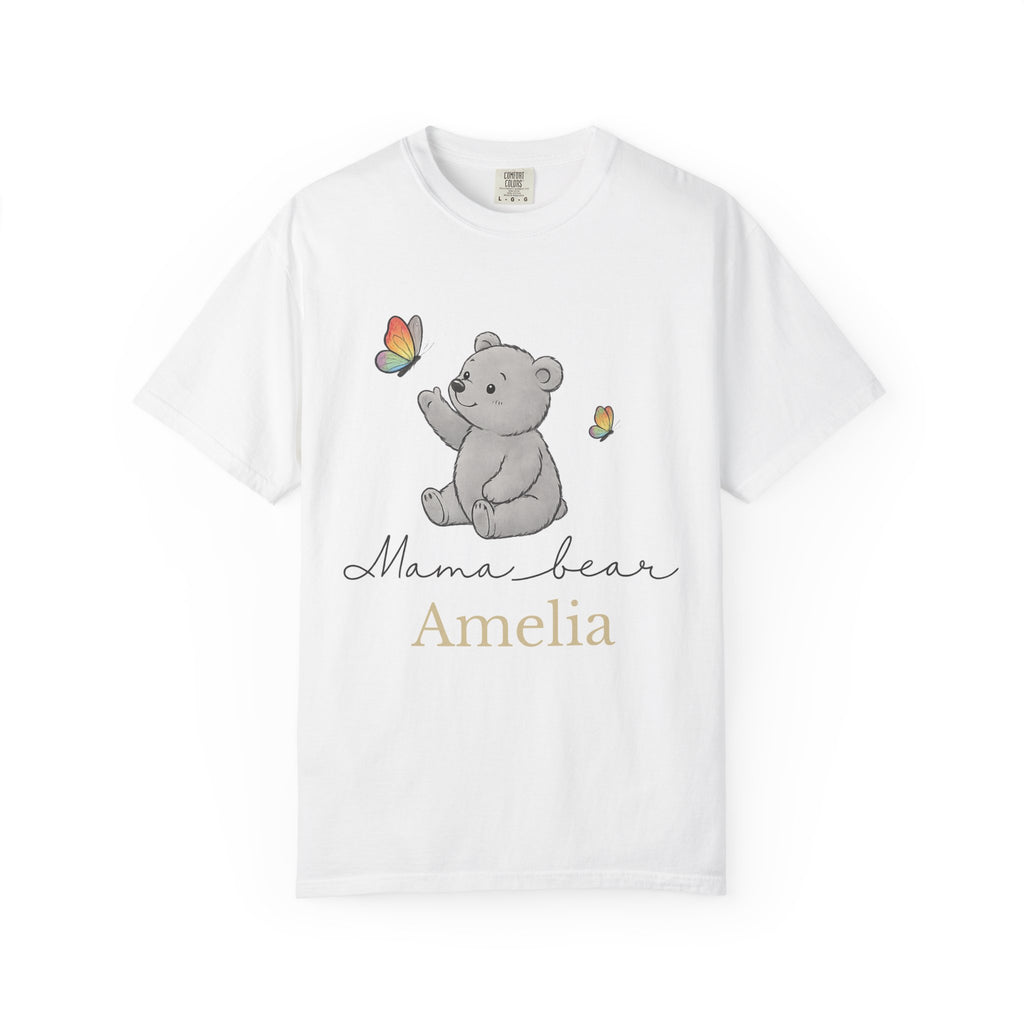 Close-up of baby bear and rainbow butterfly artwork on mama t-shirt
