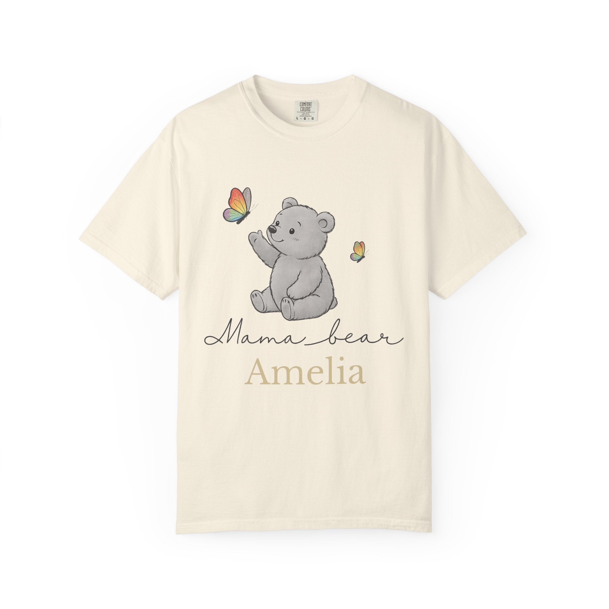 Mama Bear Pride t-shirt flat lay with custom name