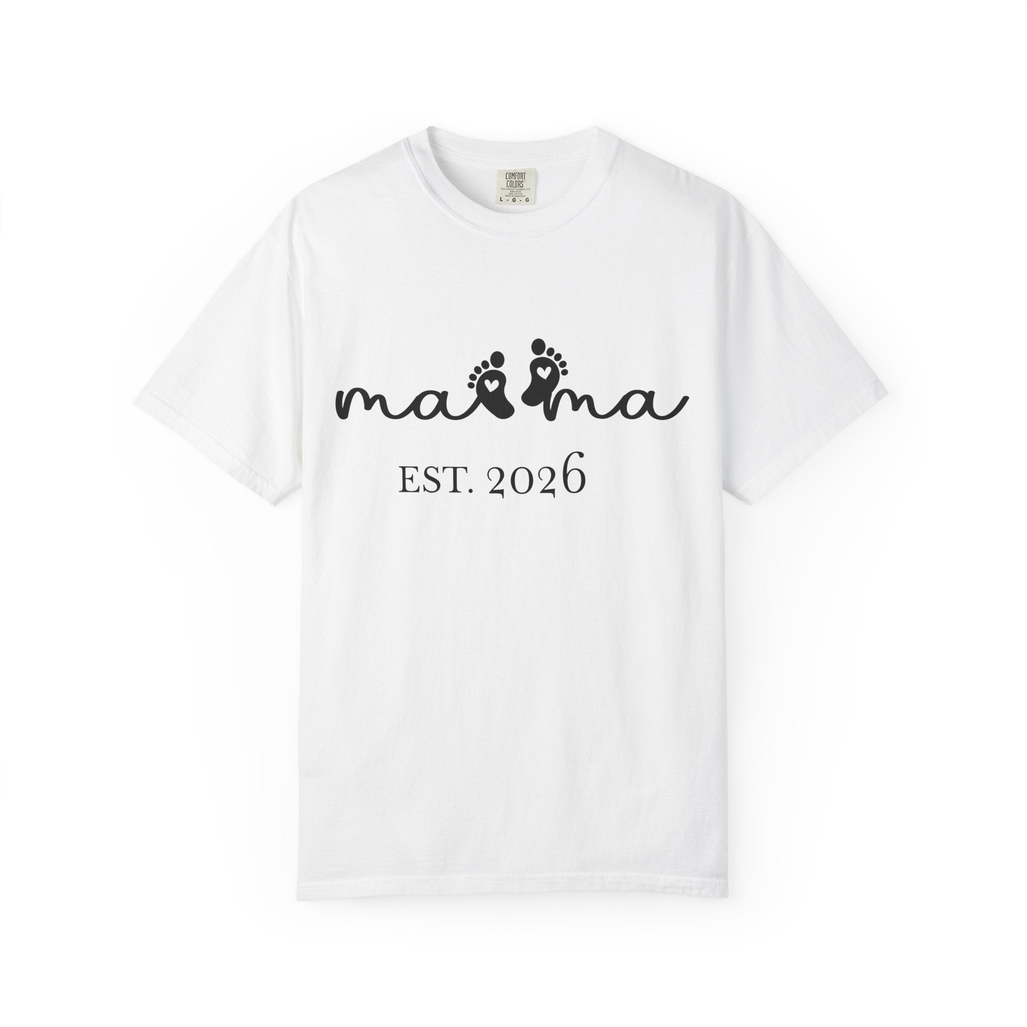 Close-up of baby footprint heart design on mama t-shirt
