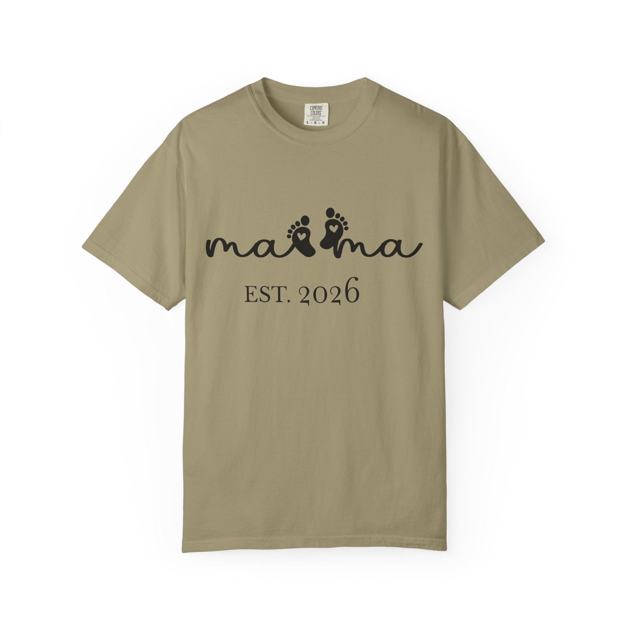Mama Est. baby shower tee available in multiple colors and sizes S to 4XL