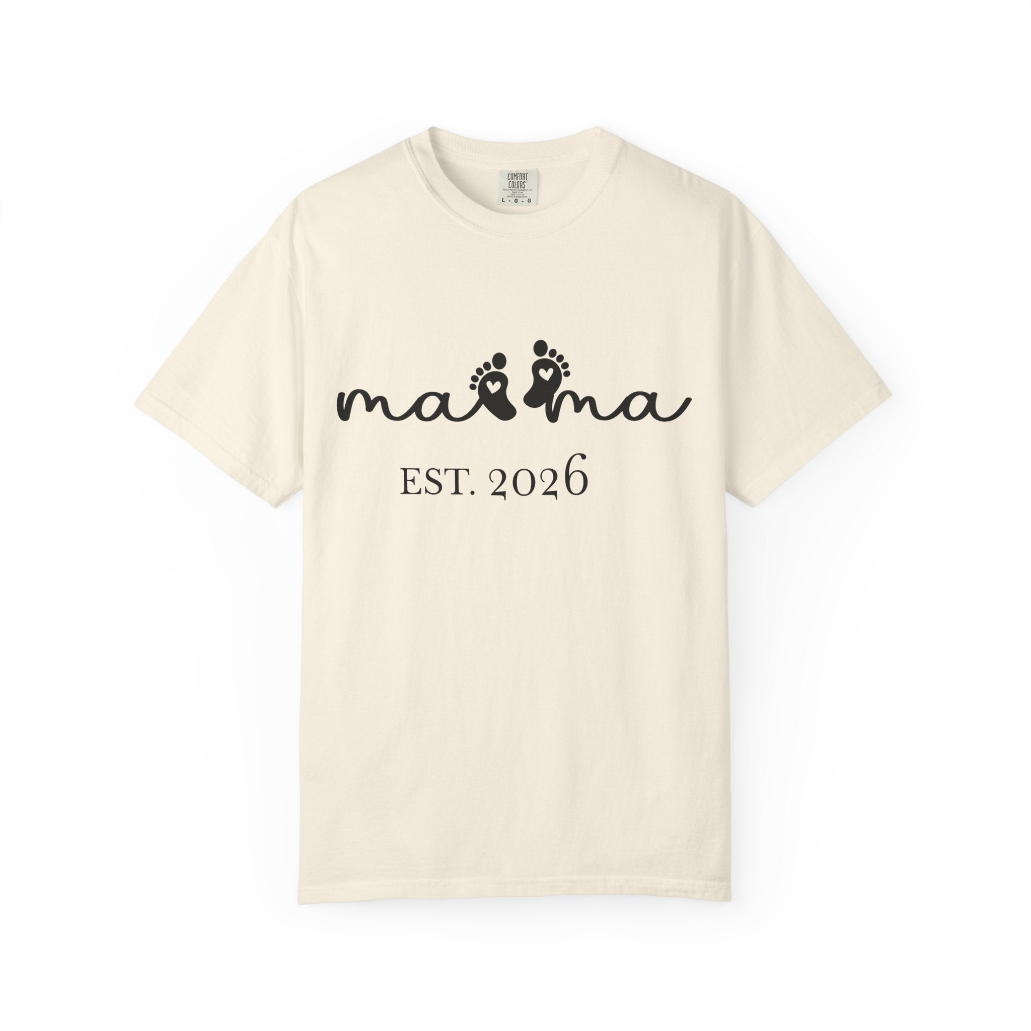 New mom Mama Est. t-shirt flat lay with custom birth date