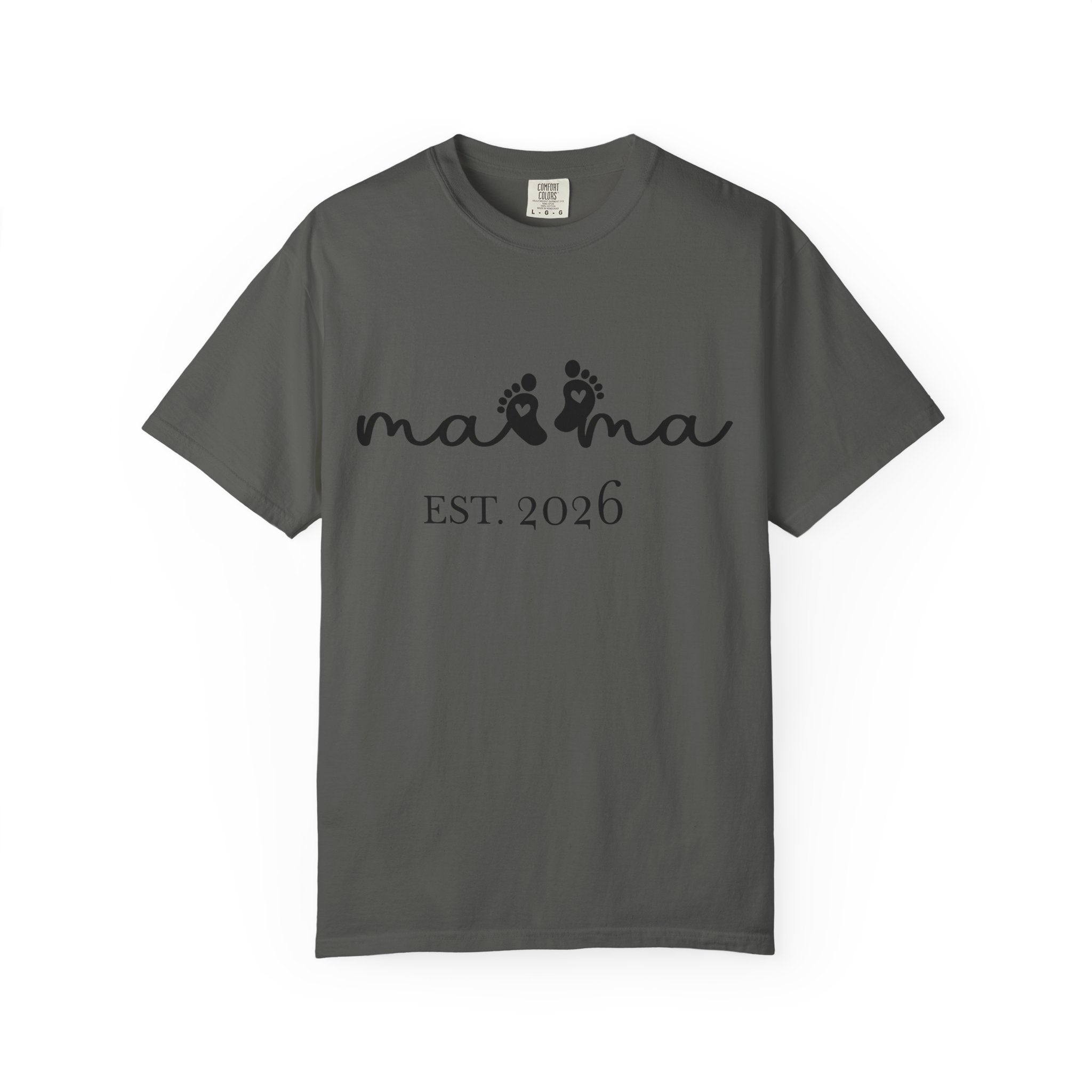 Personalized Mama Est. t-shirt with baby footprints and custom date