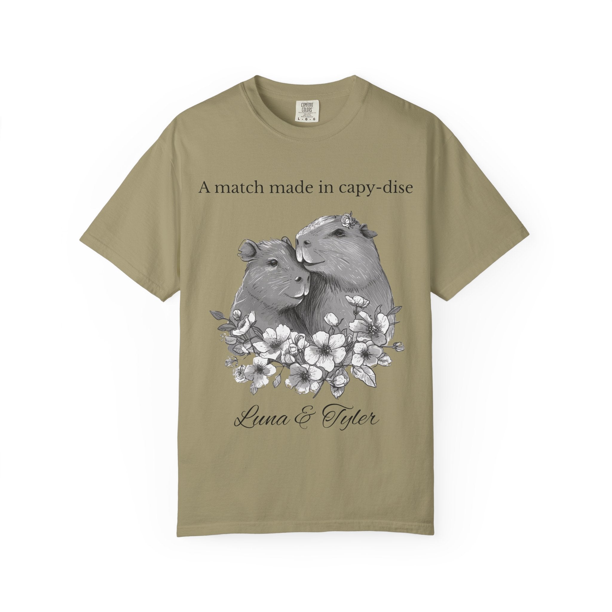 Matching capybara couple t-shirt flat lay with custom names