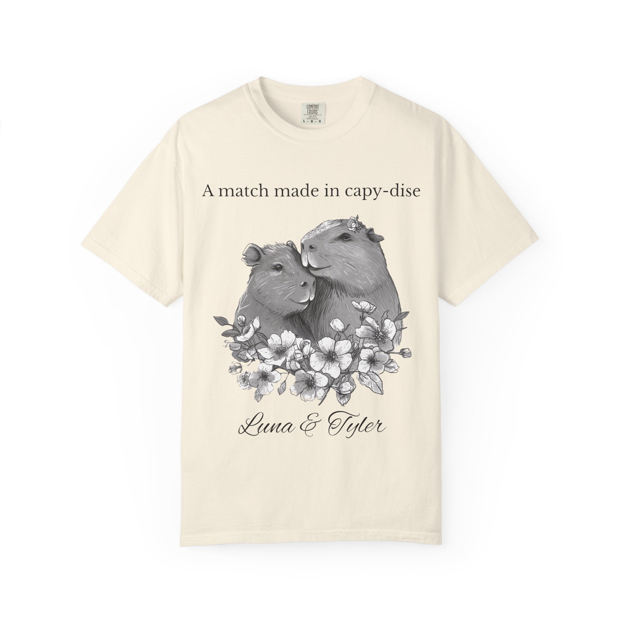 Personalized capybara couple t-shirt with two custom names, cream