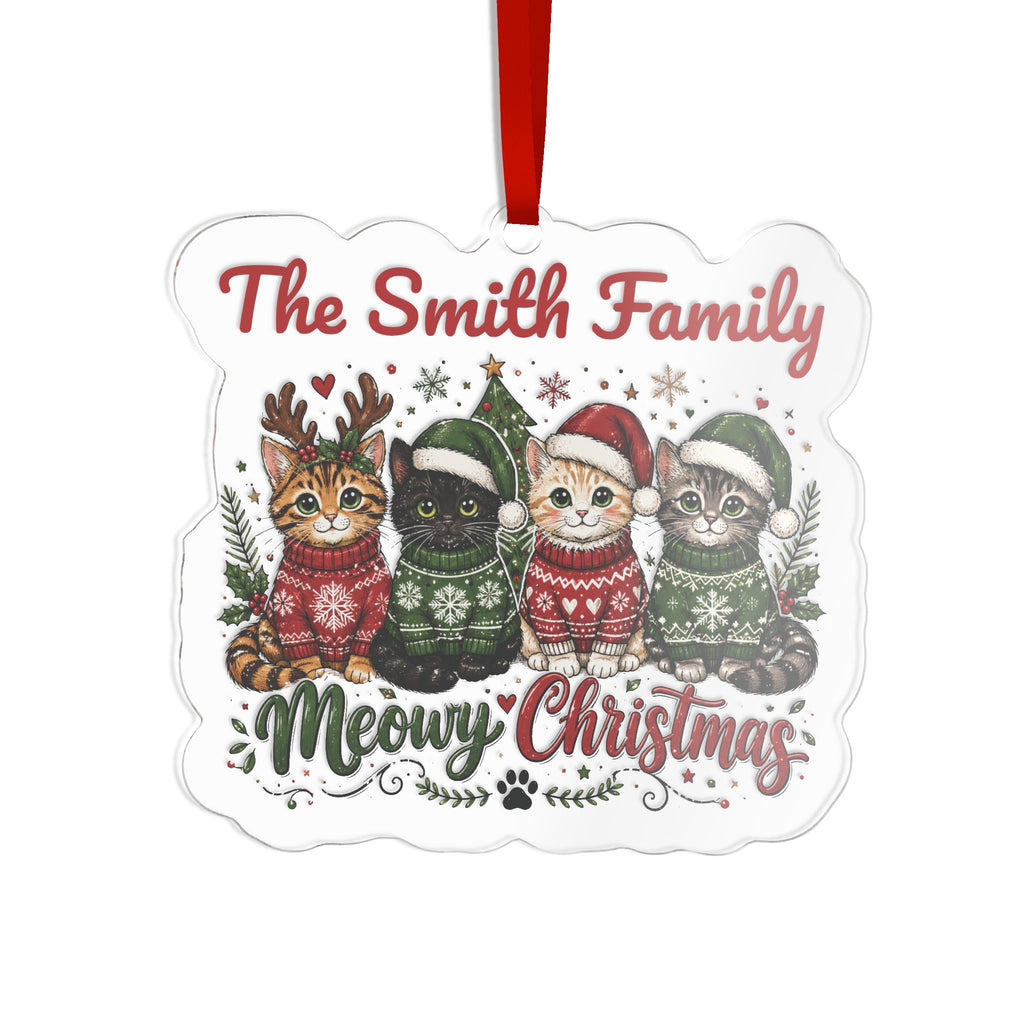 Personalized Meowy Christmas cat family acrylic ornament with family name