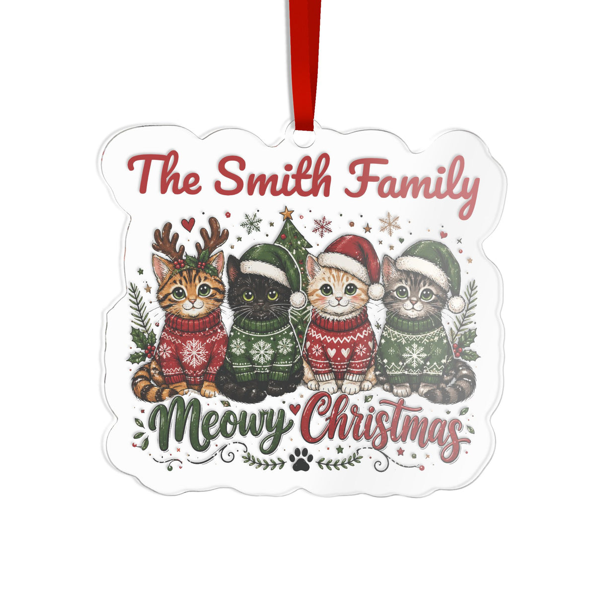 Personalized Meowy Christmas cat family acrylic ornament with family name