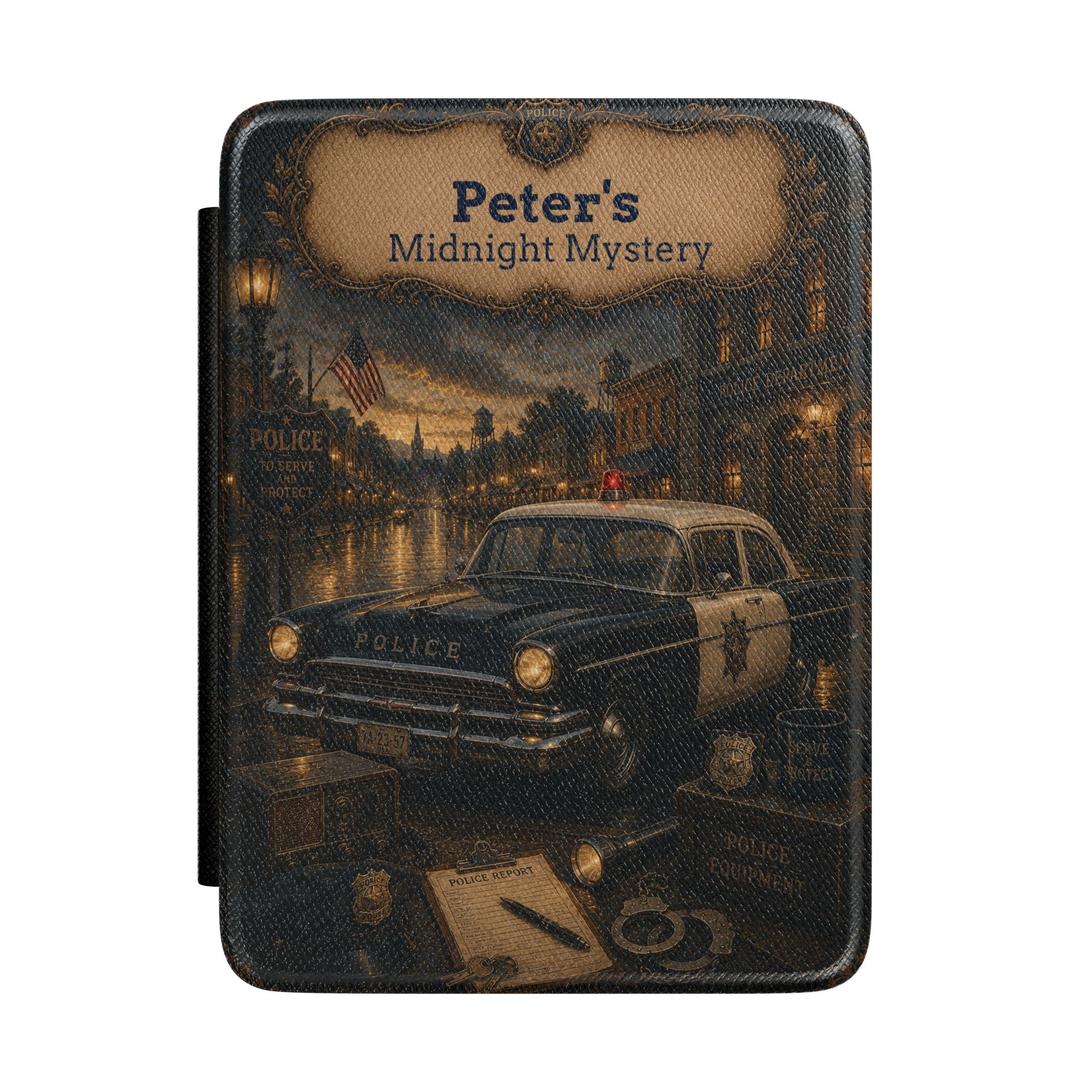 Personalized vintage Midnight Mystery police car Kindle case with name