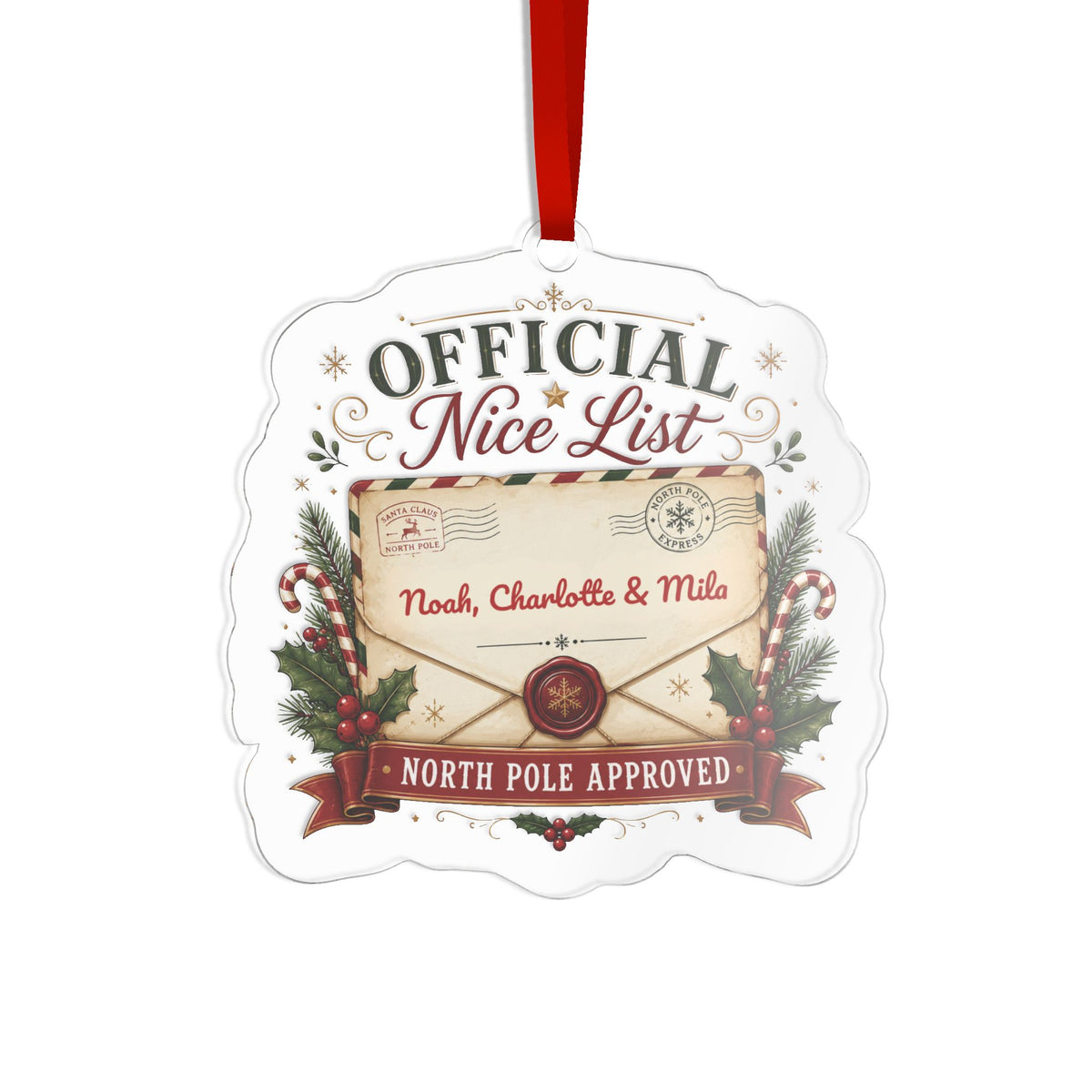 Personalized Official Nice List acrylic ornament with family names