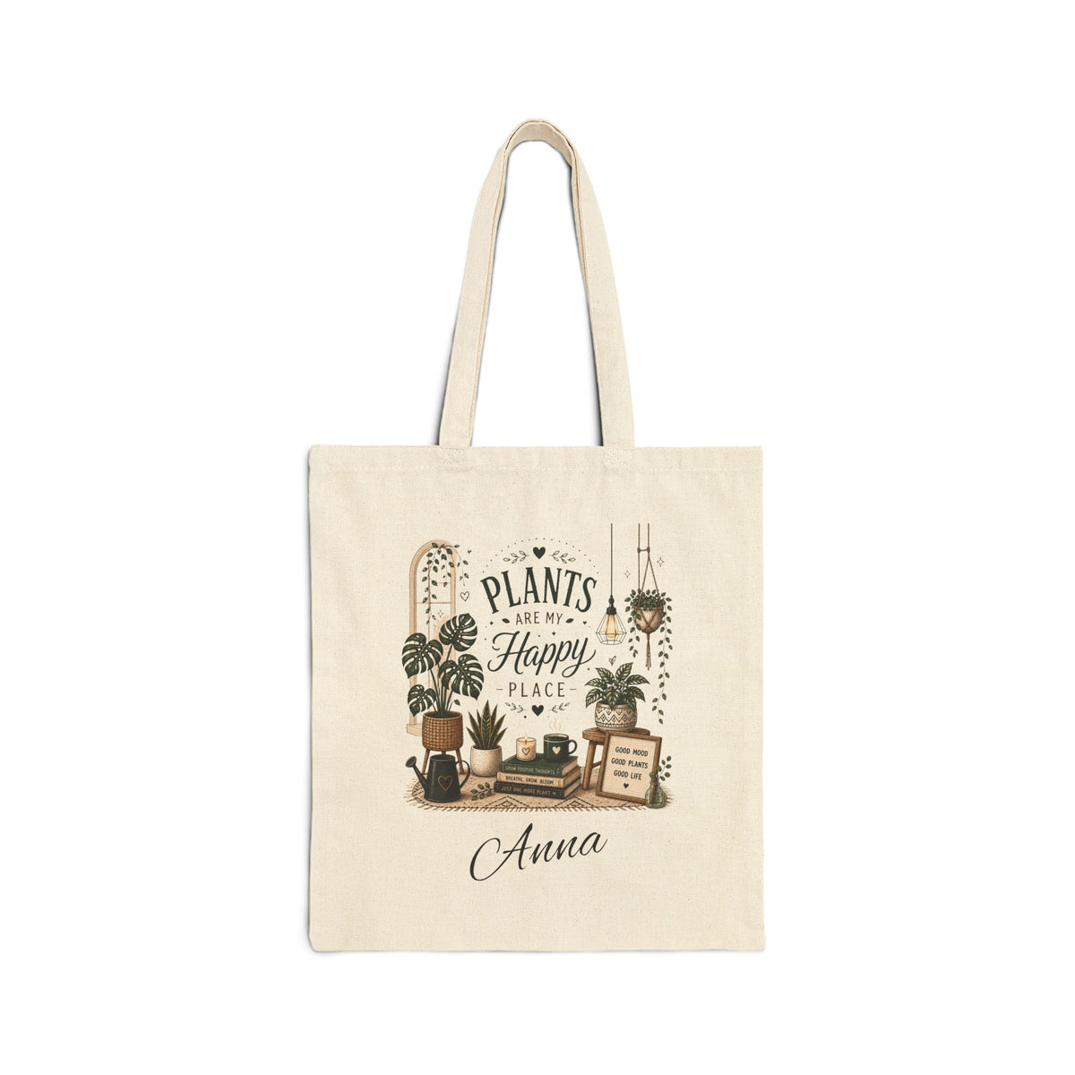 Personalized Plants Are My Happy Place canvas tote bag with name