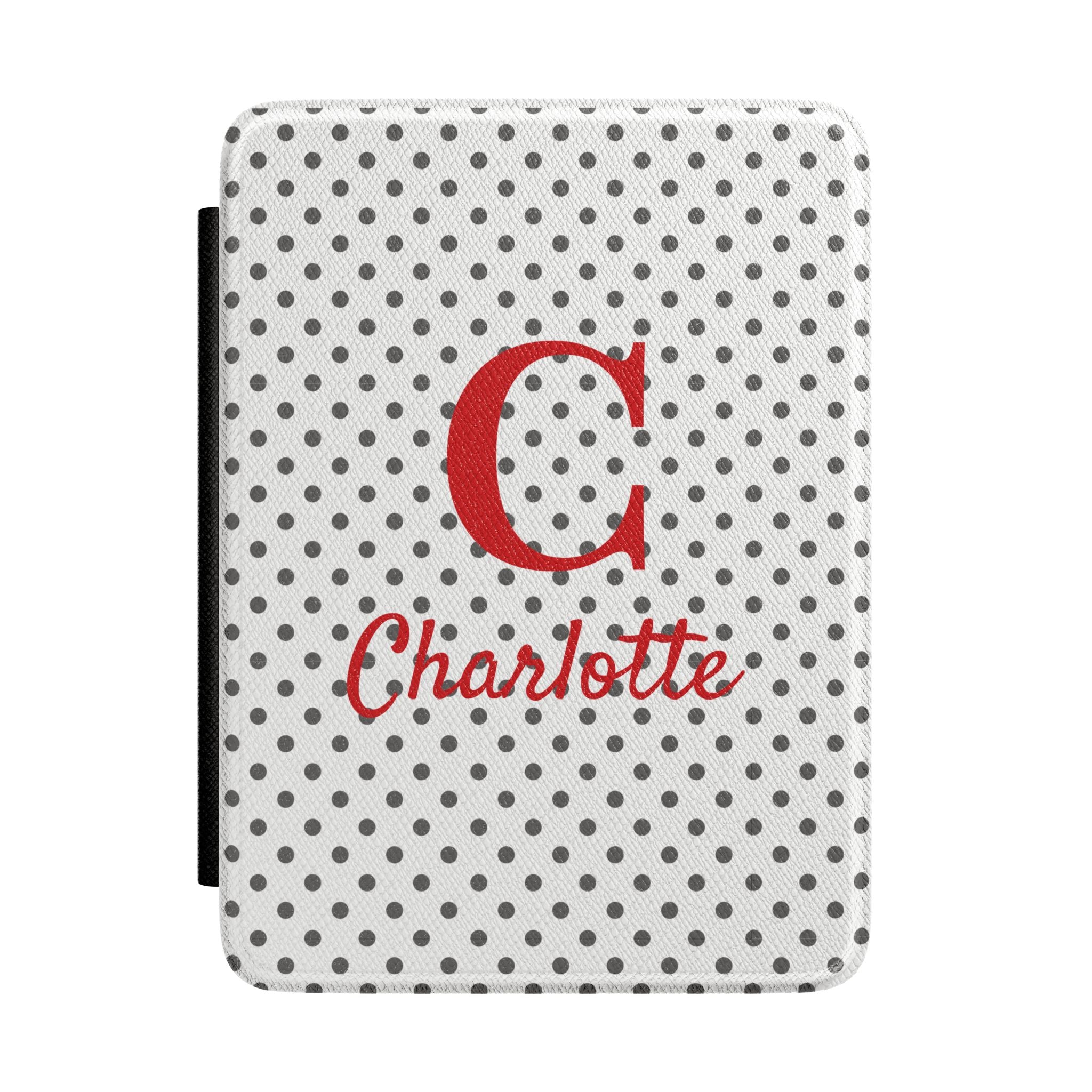 Personalized black and red polka dot Kindle case with monogram initial and name