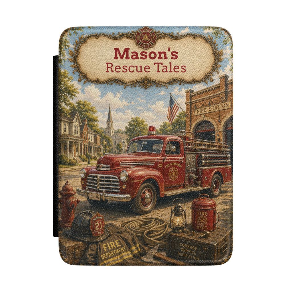 Personalized vintage Rescue Tales firetruck Kindle case with name