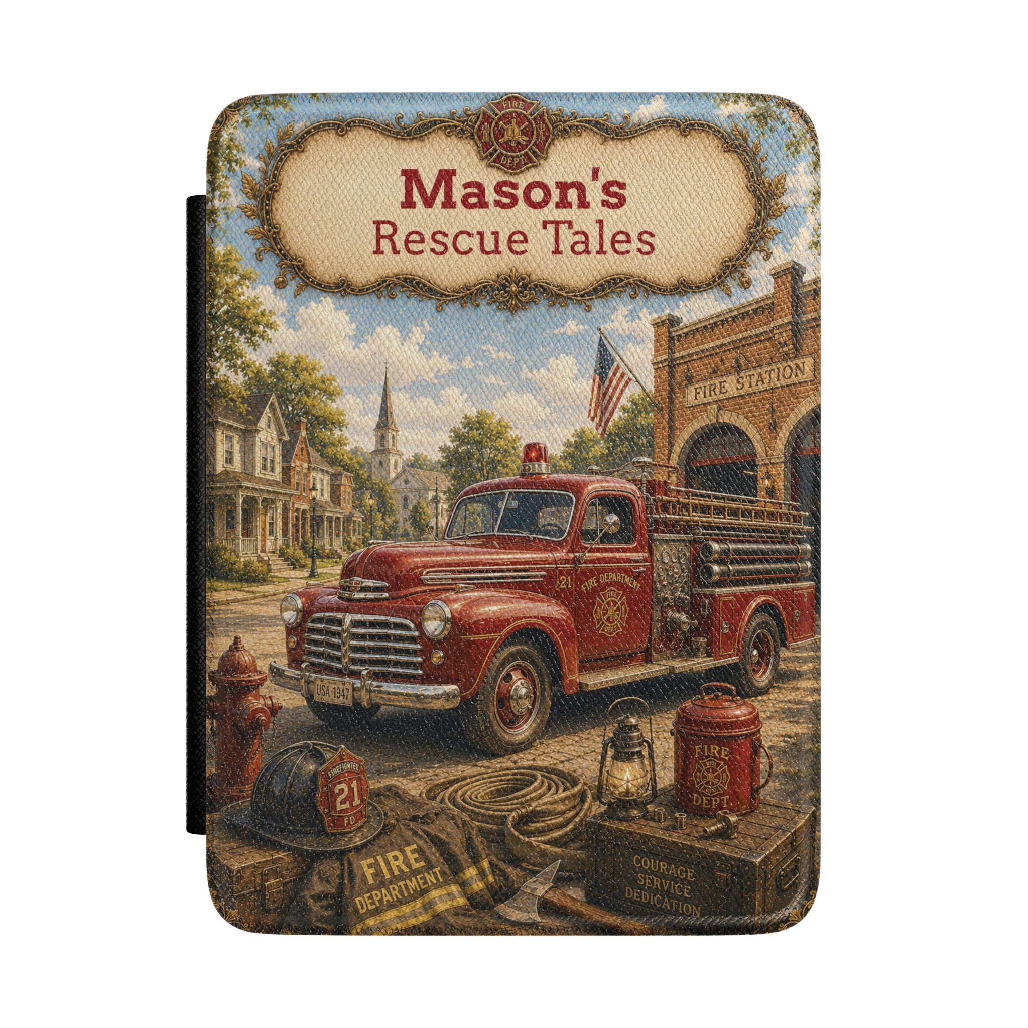 Personalized vintage Rescue Tales firetruck Kindle case with name