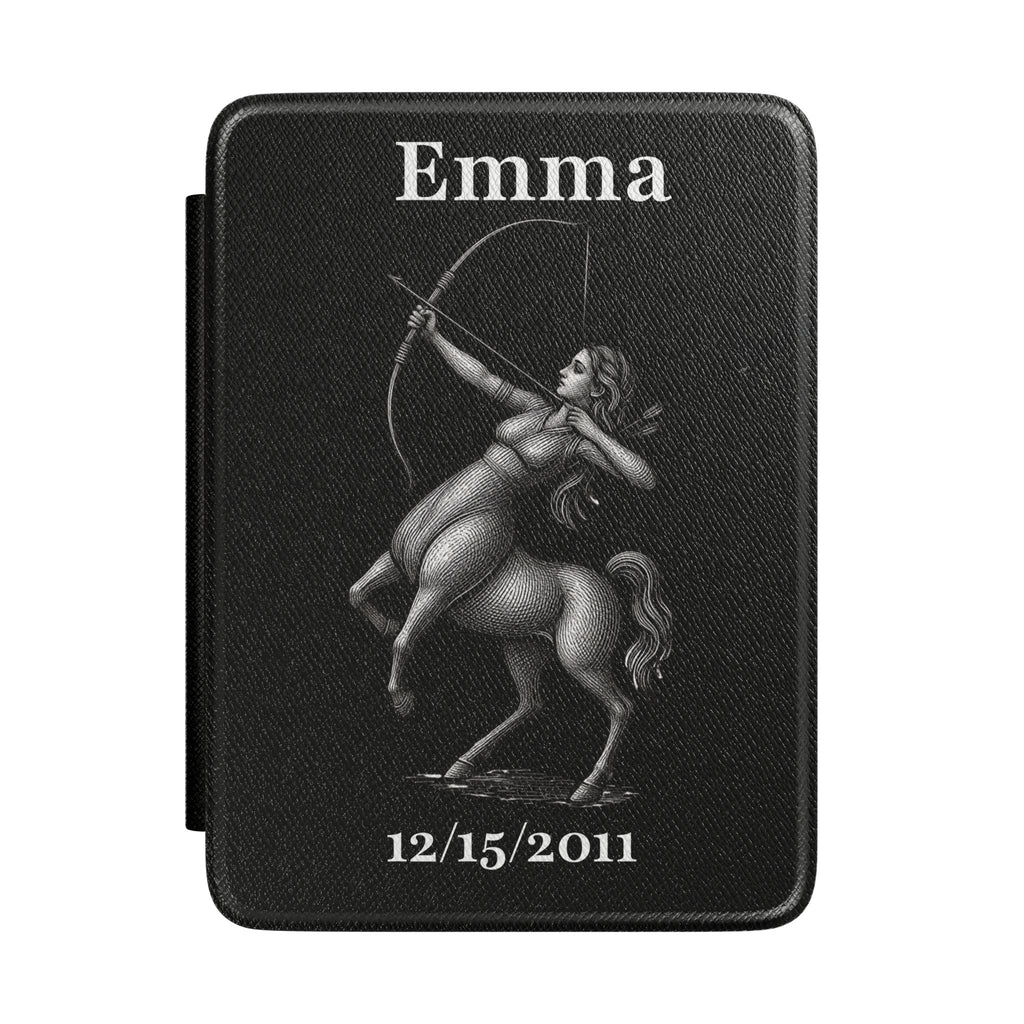 Personalized Sagittarius zodiac Kindle case with constellation design, name and birth date