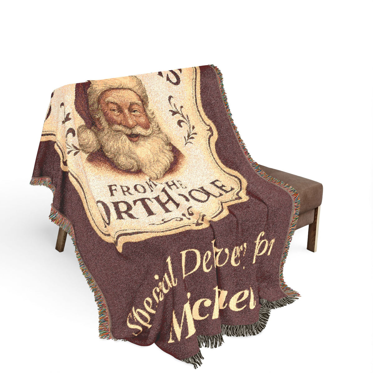 Special Delivery Santa woven throw blanket close-up of design
