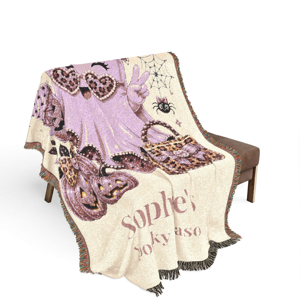Spooky Season glam ghost woven throw blanket close-up of design