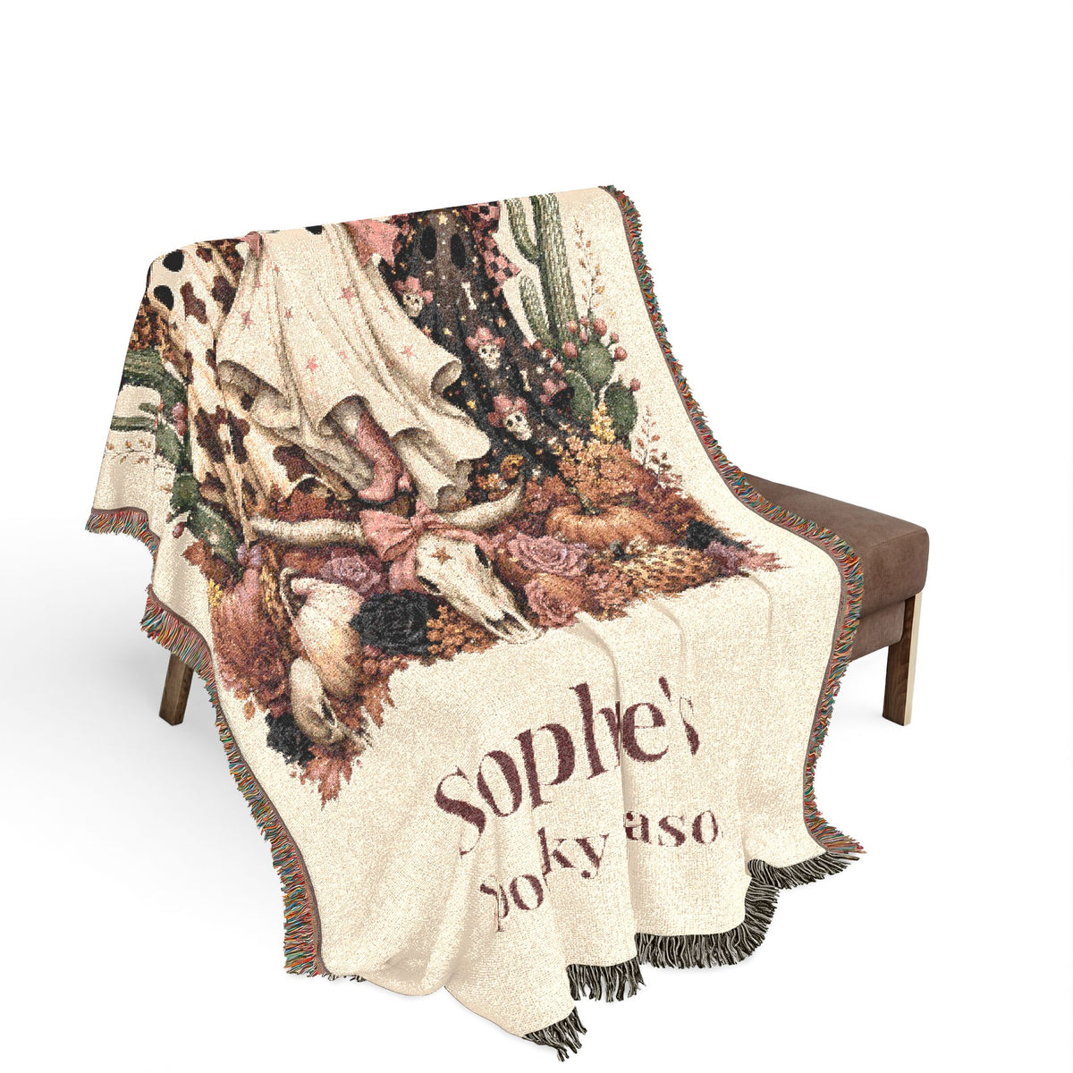 Spooky Season vintage ghost woven throw blanket close-up of design
