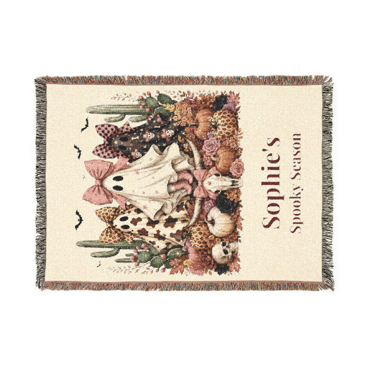 Personalized Spooky Season vintage ghost woven throw blanket with name