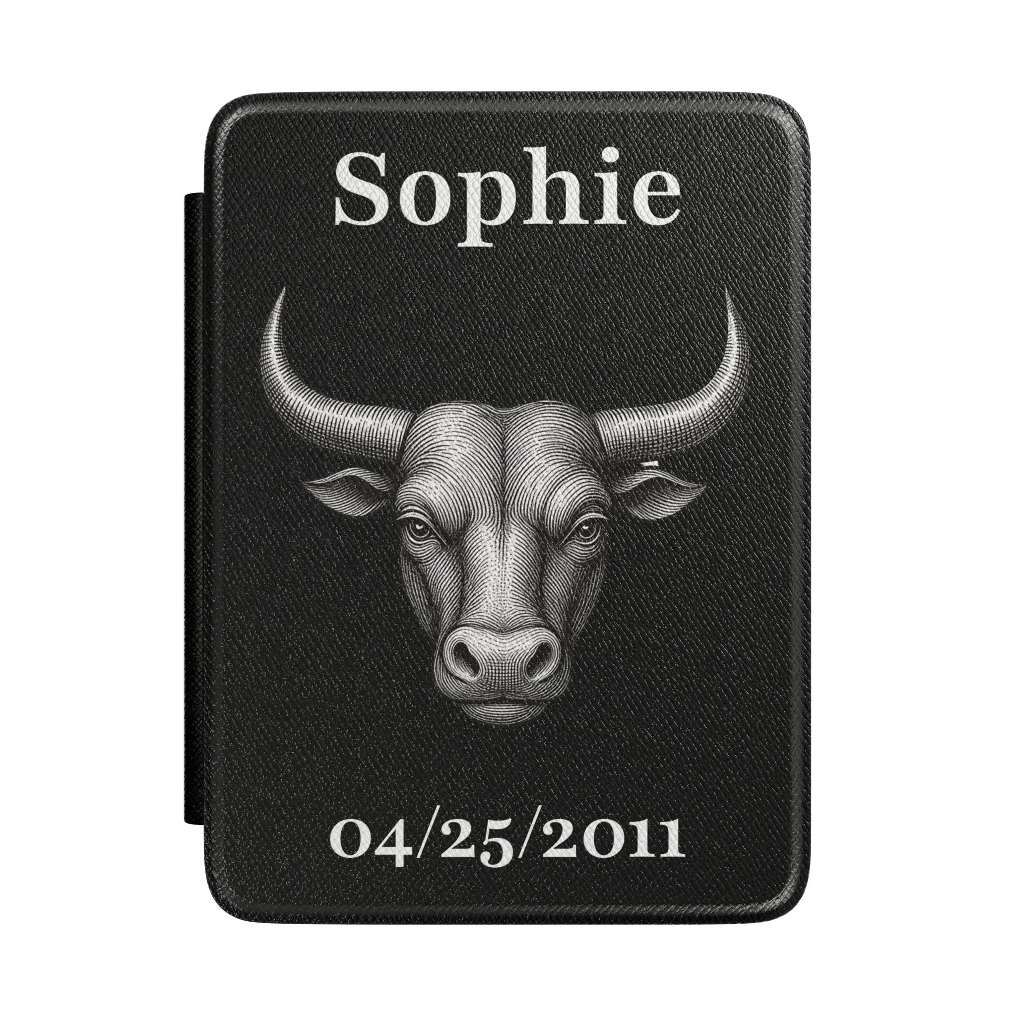 Personalized Taurus zodiac Kindle case with engraved bull design, name and birth date