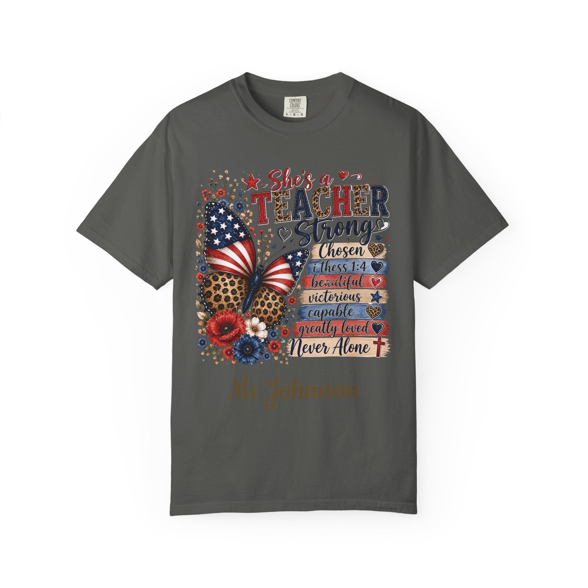 Personalized teacher shirt shown in a classroom-inspired flat lay