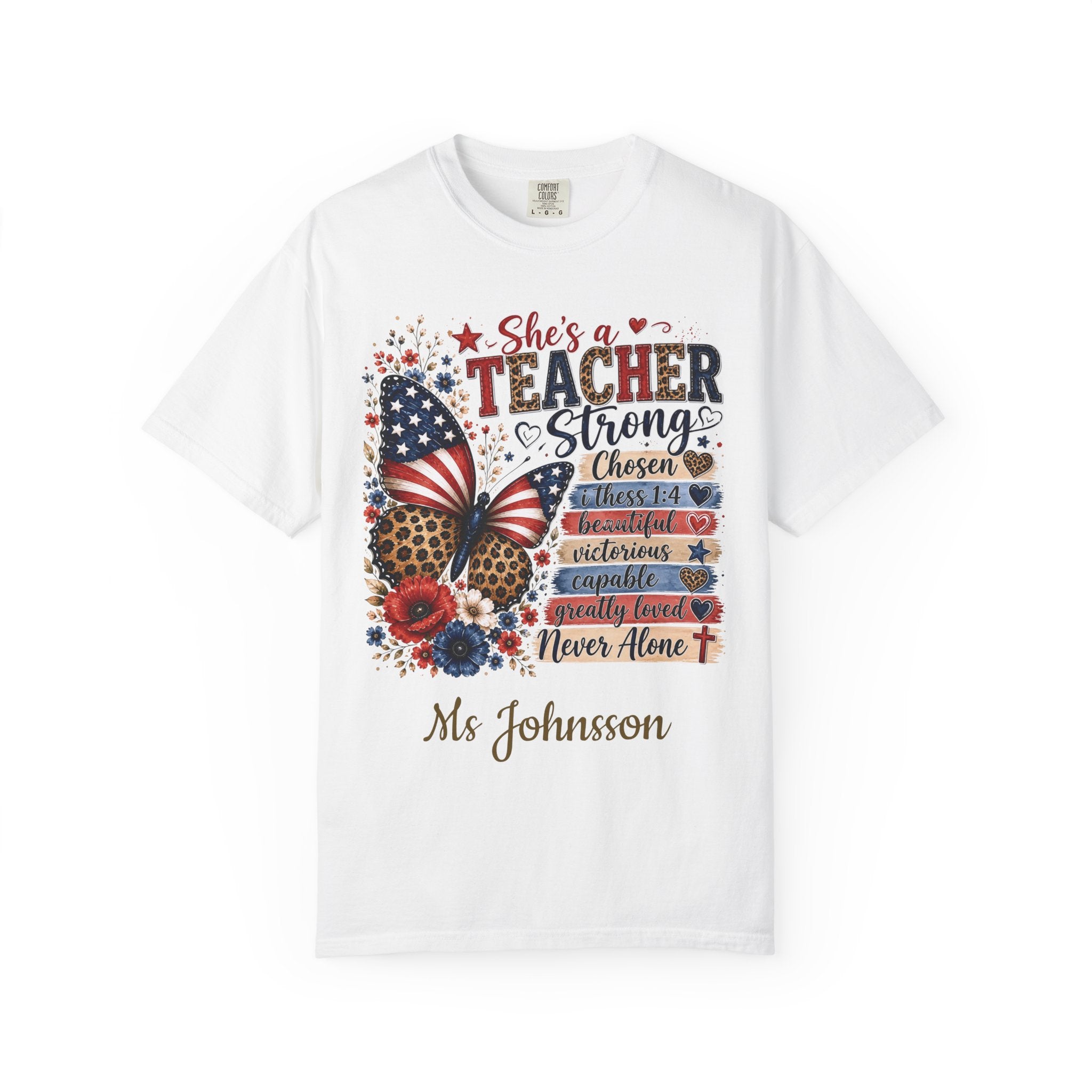 Personalized patriotic teacher t-shirt with butterfly design and custom name