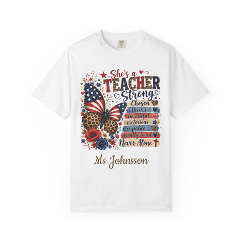 Personalized patriotic teacher t-shirt with butterfly design and custom name