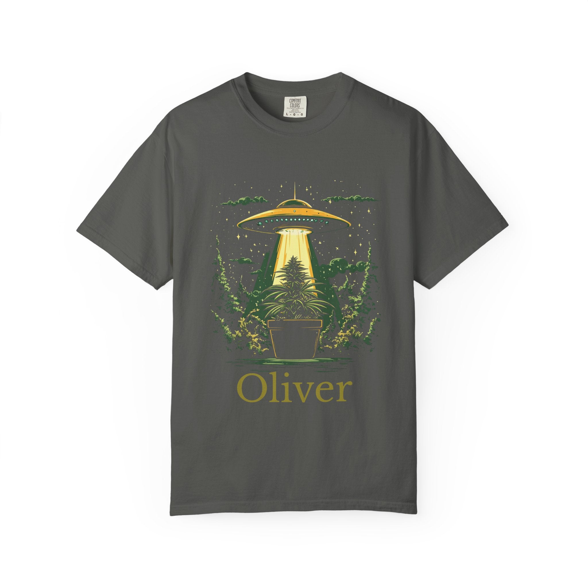 Close-up of UFO and plant artwork on black t-shirt