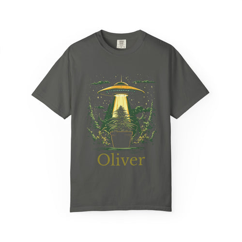 Close-up of UFO and plant artwork on black t-shirt