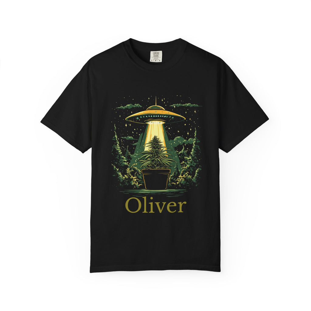 Personalized UFO beaming up a plant t-shirt with custom name