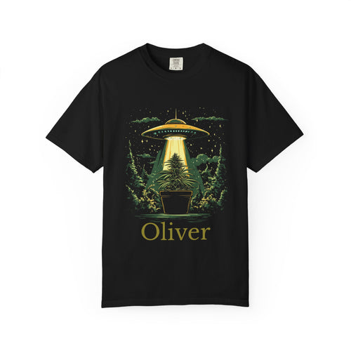 Personalized UFO beaming up a plant t-shirt with custom name